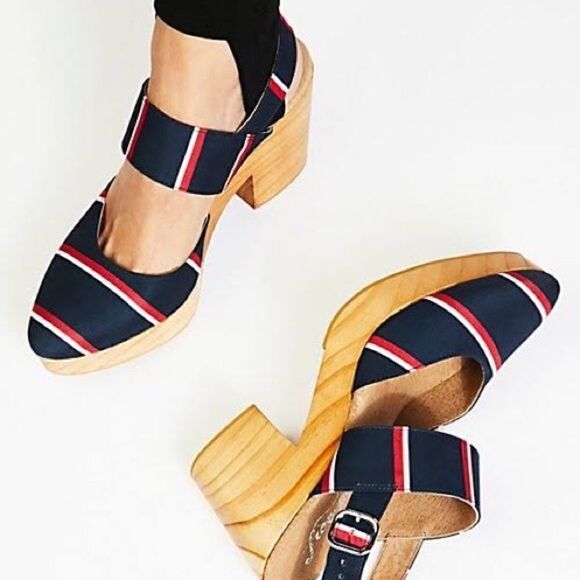 FREE PEOPLE MONOCO PLATFORM WOOD HEELED CLOGS NEW NAVY RED WHITE STRIPED EU 41 - Picture 7 of 7